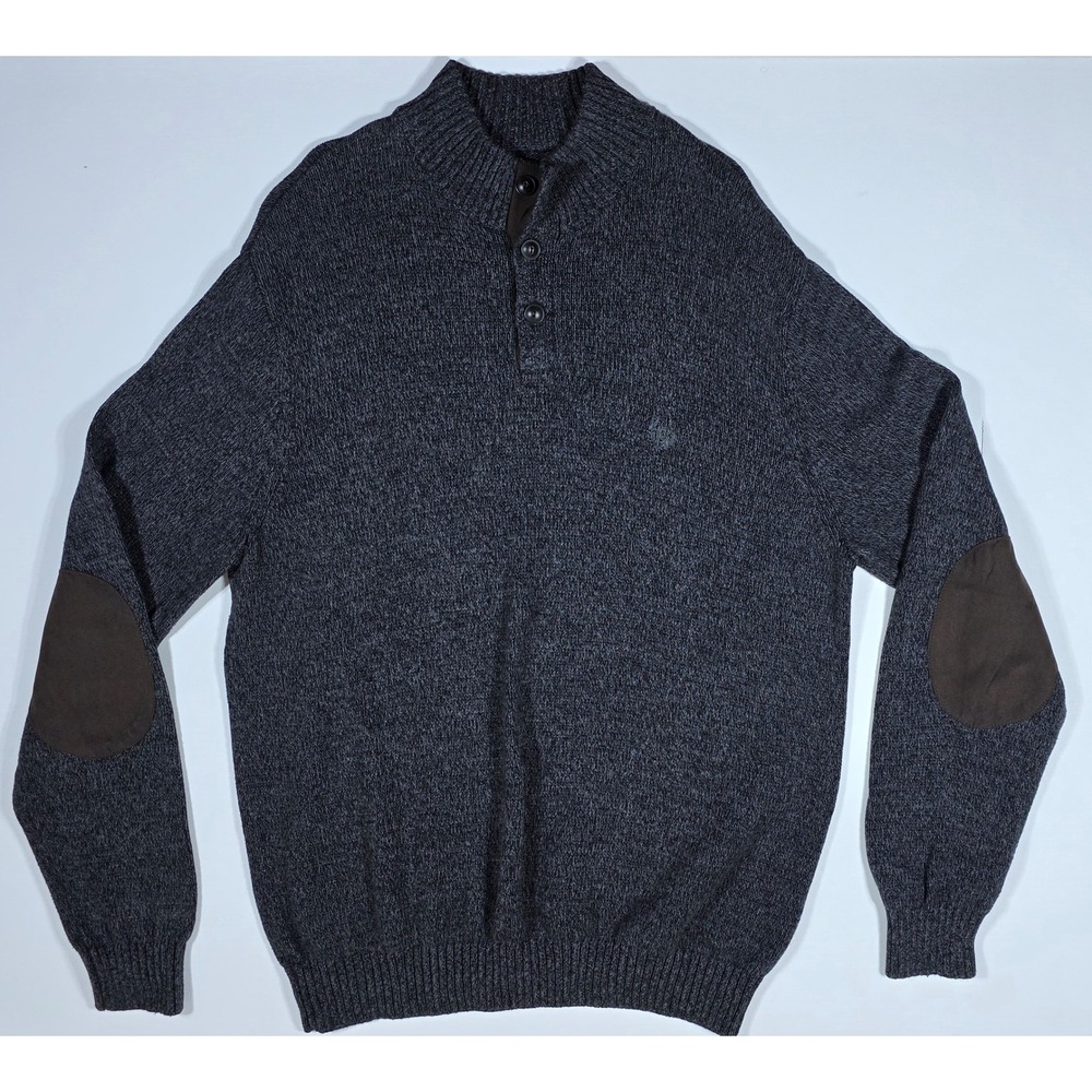 Chaps Mens XL Gray Cotton Marl Mock Neck Henley Sweater Elbow Patches